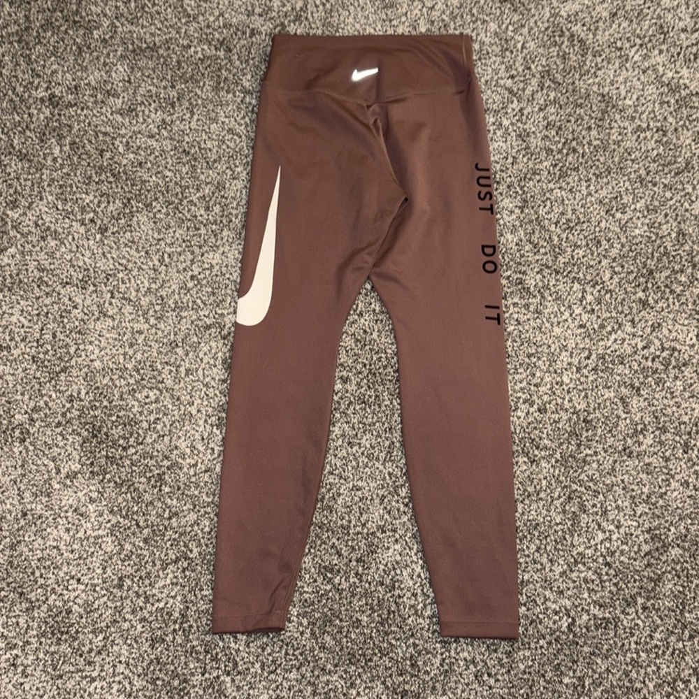 Nike Brown Leggings with White Swoosh and Black 'Just Do It'